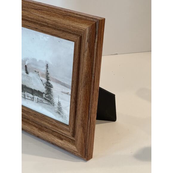 Vintage Oak Wood Frame with Winter Cabin Landscape Print Trees Snow Holiday - Picture 8 of 8